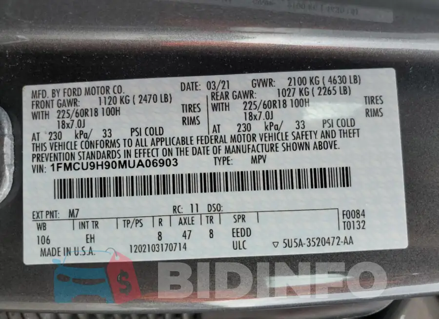 1FMCU9H90MUA06903 Photo# 14