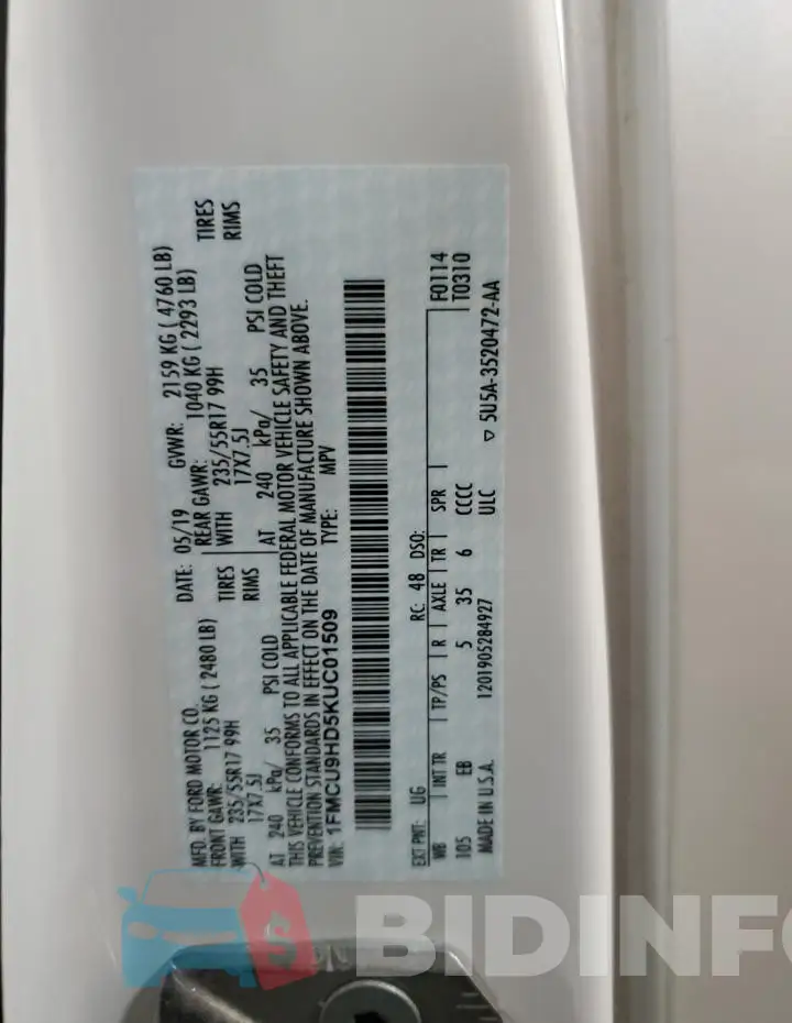 1FMCU9HD5KUC01509 Photo# 13