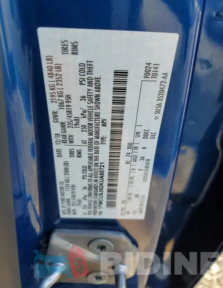 1FMCU9J92KUA80721 Photo# 14