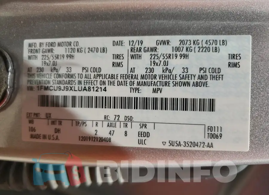 1FMCU9J9XLUA81214 Photo# 14