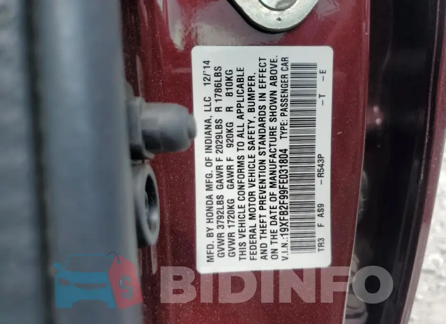 19XFB2F99FE031804 Photo# 13