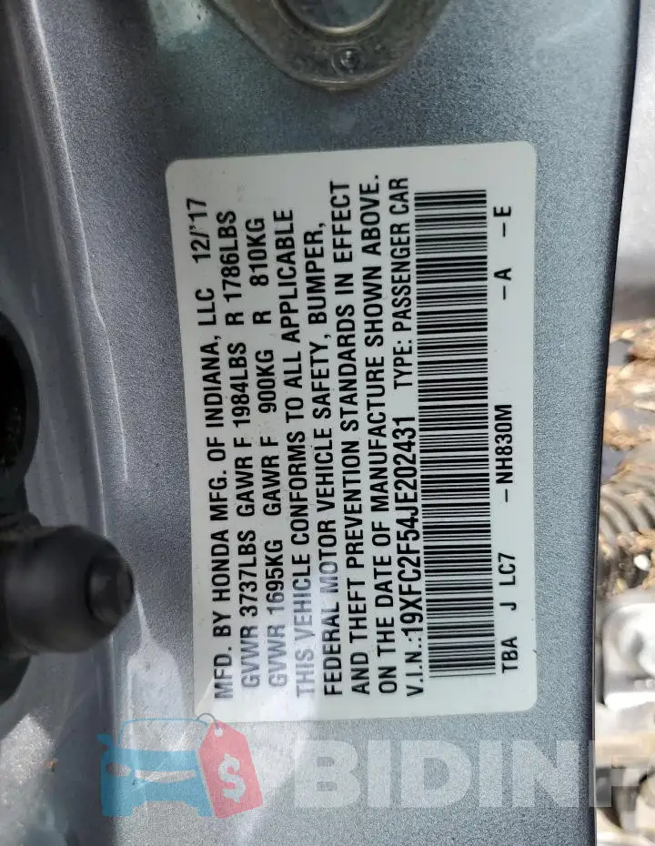 19XFC2F54JE202431 Photo# 12