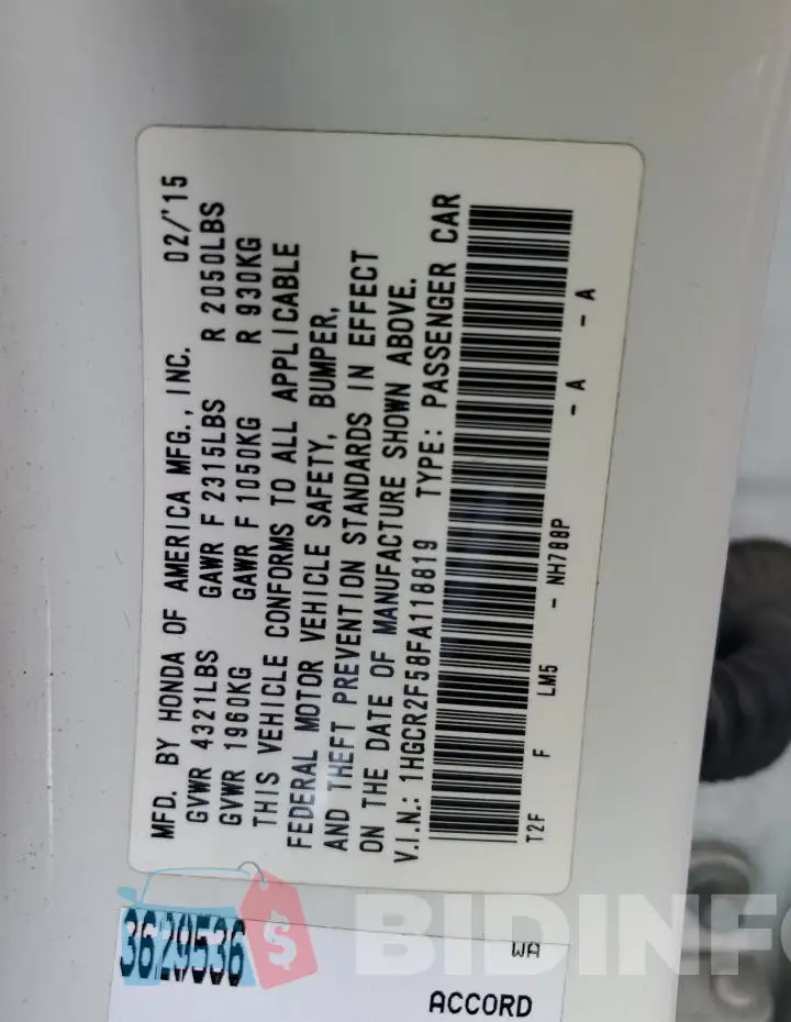 1HGCR2F58FA118819 Photo# 12