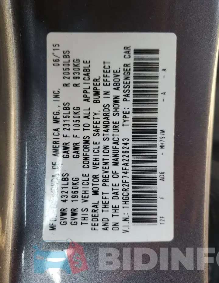 1HGCR2F74FA226243 Photo# 12