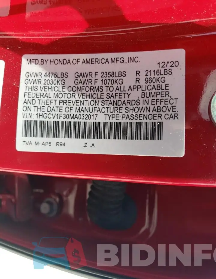 1HGCV1F30MA032017 Photo# 13