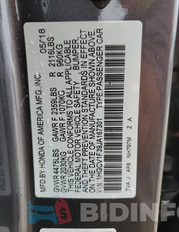 1HGCV1F39JA167301 Photo# 12
