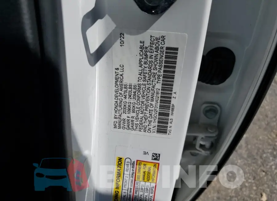 1HGCV2F31NA021812 Photo# 12