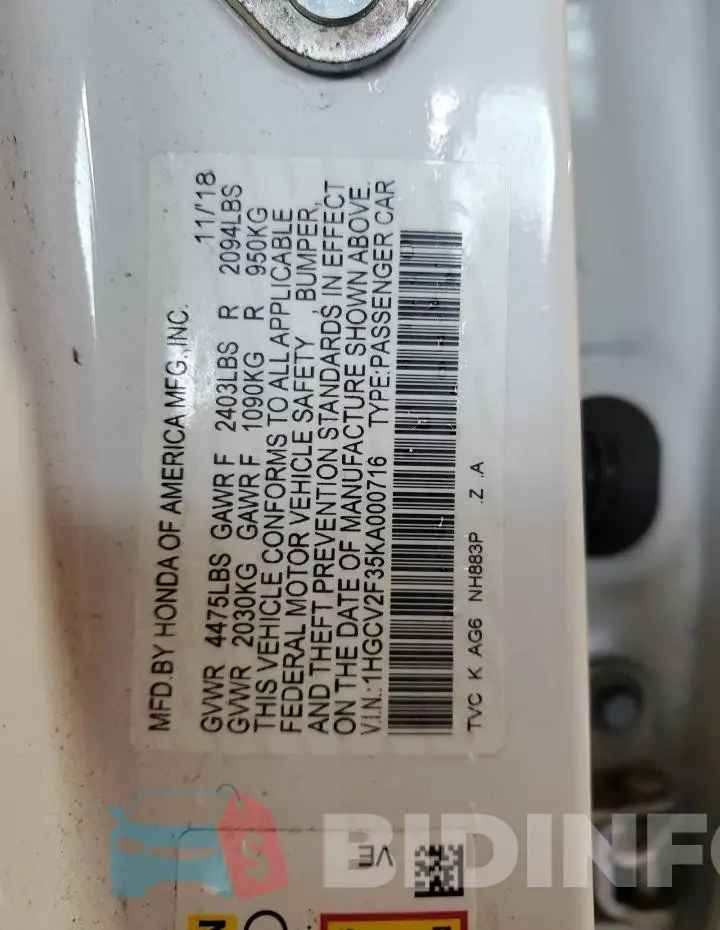 1HGCV2F35KA000716 Photo# 12
