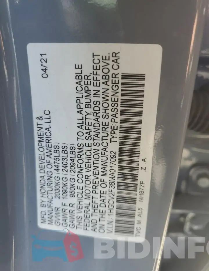 1HGCV2F38MA017092 Photo# 12