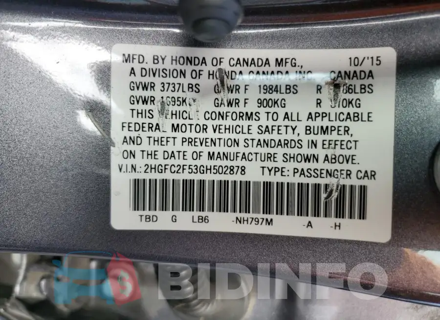 2HGFC2F53GH502878 Photo# 12