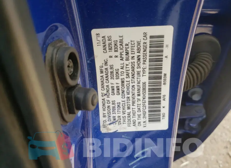 2HGFC2F67KH508006 Photo# 12