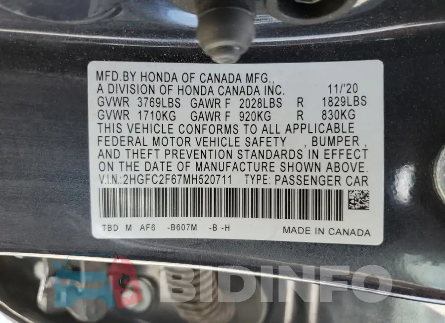 2HGFC2F67MH520711 Photo# 13