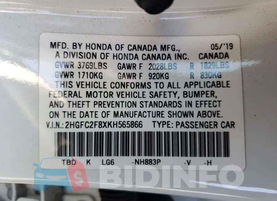 2HGFC2F8XKH565866 Photo# 13