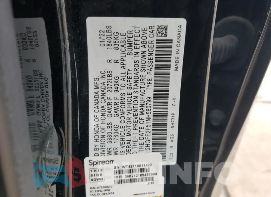 2HGFE2F51NH560799 Photo# 12