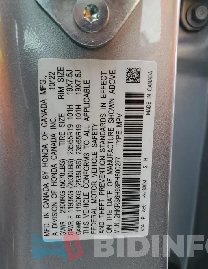 2HKRS6H93PH800277 Photo# 12