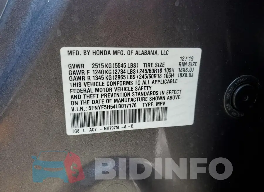 5FNYF5H54LB017176 Photo# 13
