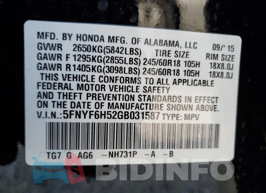 5FNYF6H52GB031587 Photo# 14