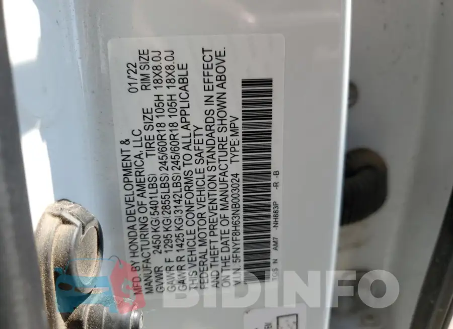 5FNYF8H63NB003024 Photo# 14