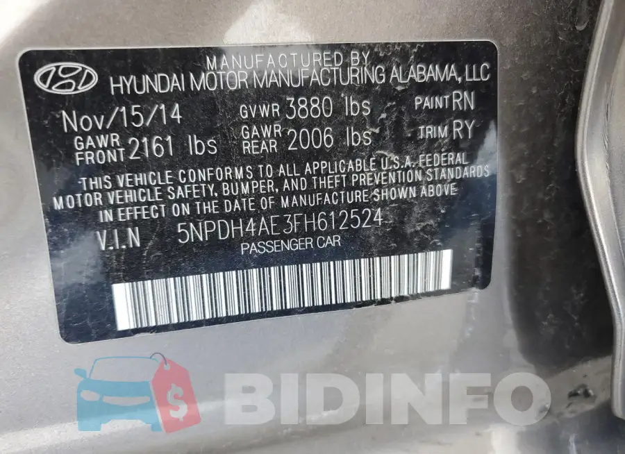 5NPDH4AE3FH612524 Photo# 12