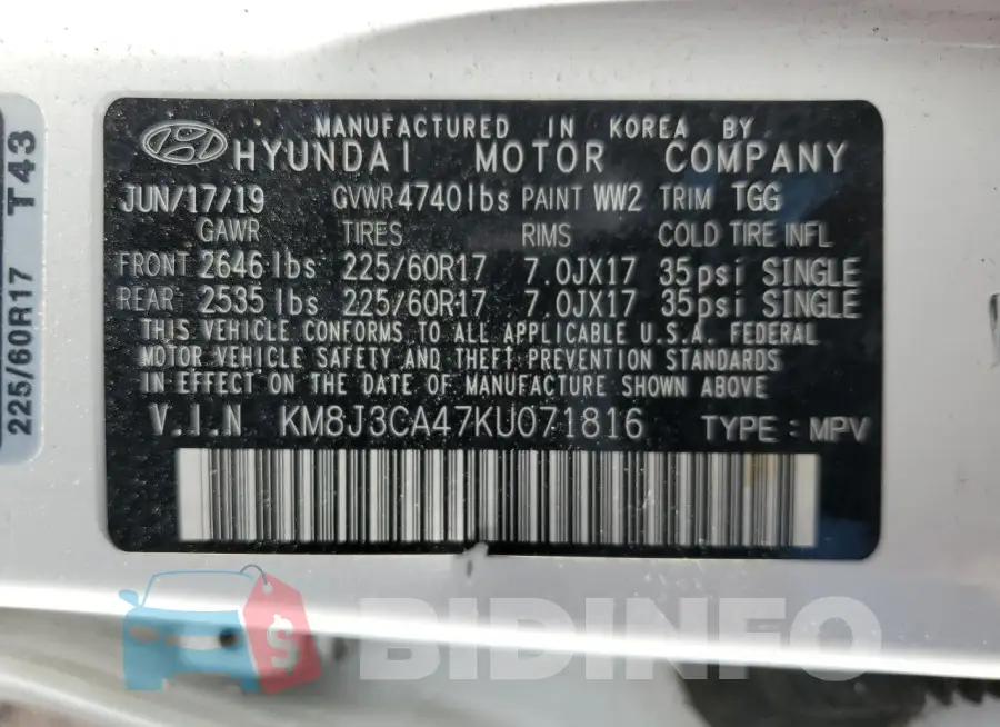 KM8J3CA47KU071816 Photo# 14
