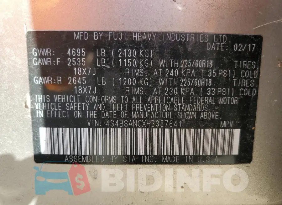 4S4BSANCXH3357641 Photo# 12