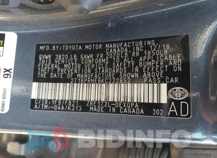 2T1BPRHE6KC222852 Photo# 12
