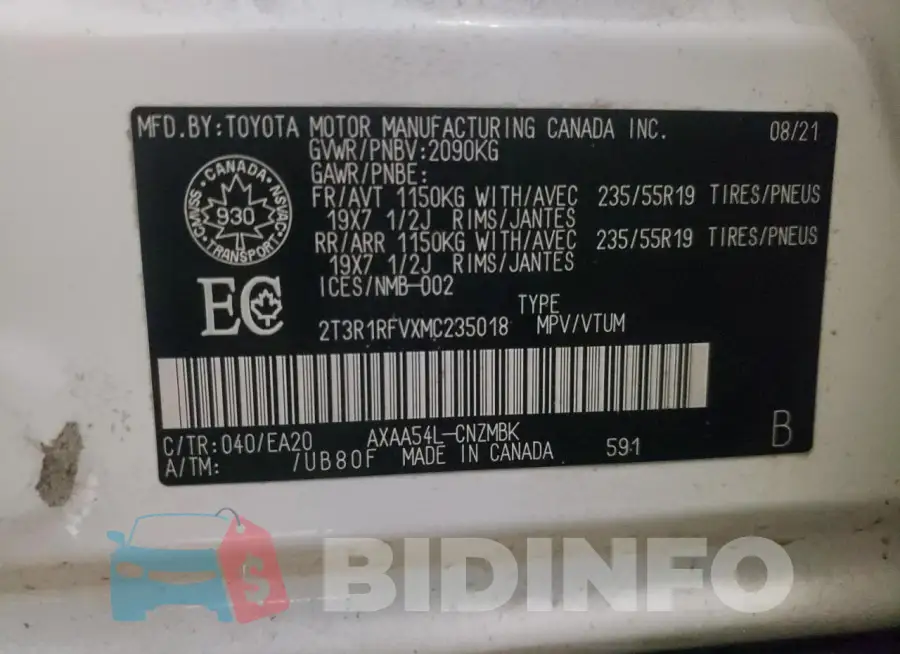 2T3R1RFVXMC235018 Photo# 14