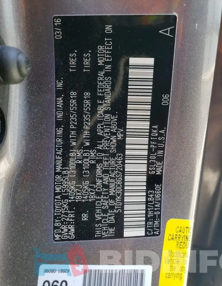 5TDYK3DC8GS720463 Photo# 13