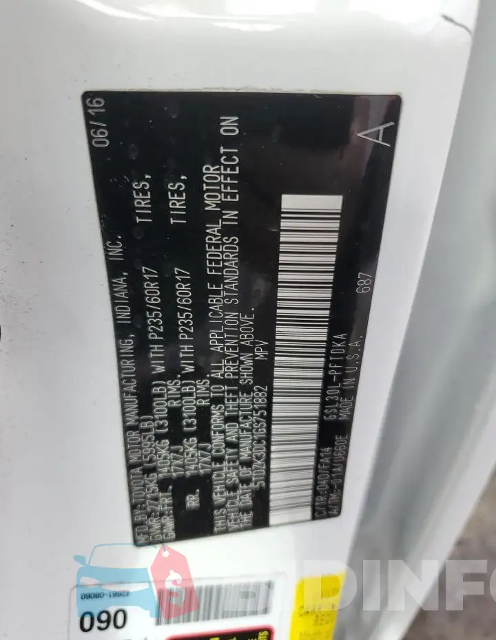 5TDZK3DC1GS751882 Photo# 14