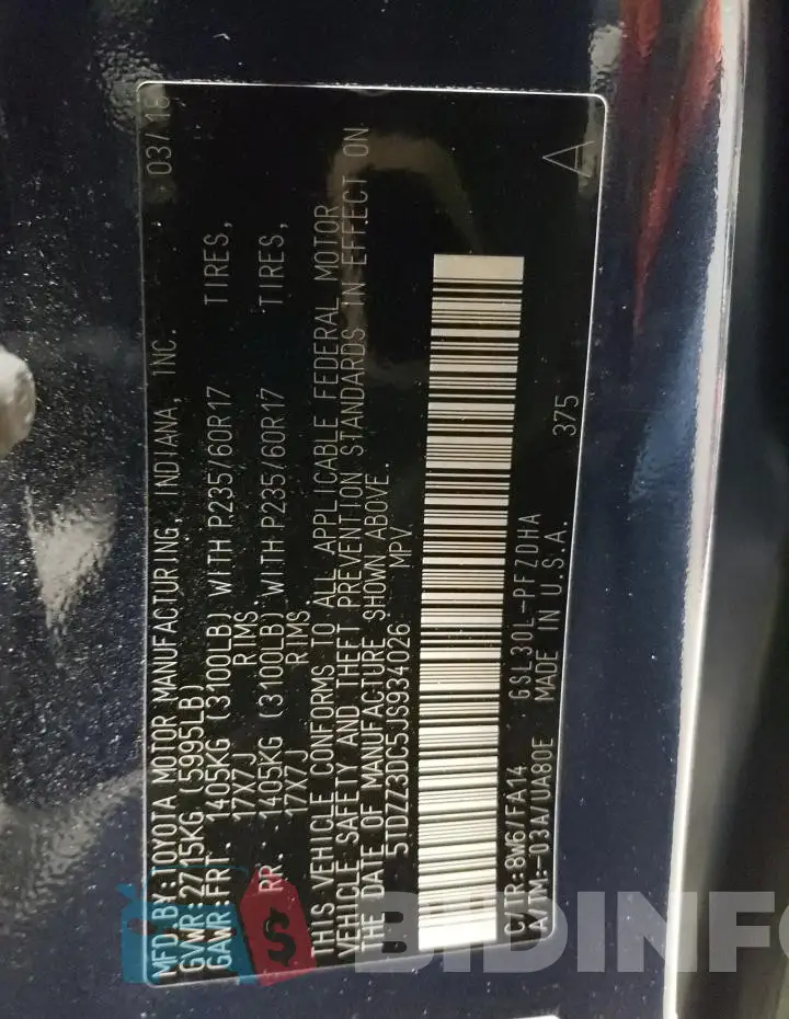 5TDZZ3DC5JS934026 Photo# 13