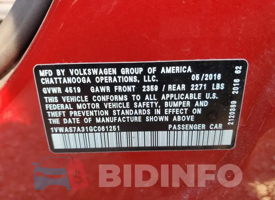 1VWAS7A31GC061251 Photo# 13