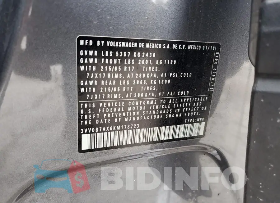 3VV0B7AX6KM178723 Photo# 13