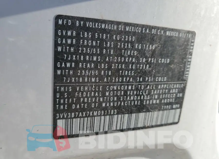 3VV3B7AX7KM091183 Photo# 13