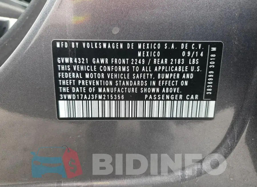 3VWD17AJ3FM215356 Photo# 13