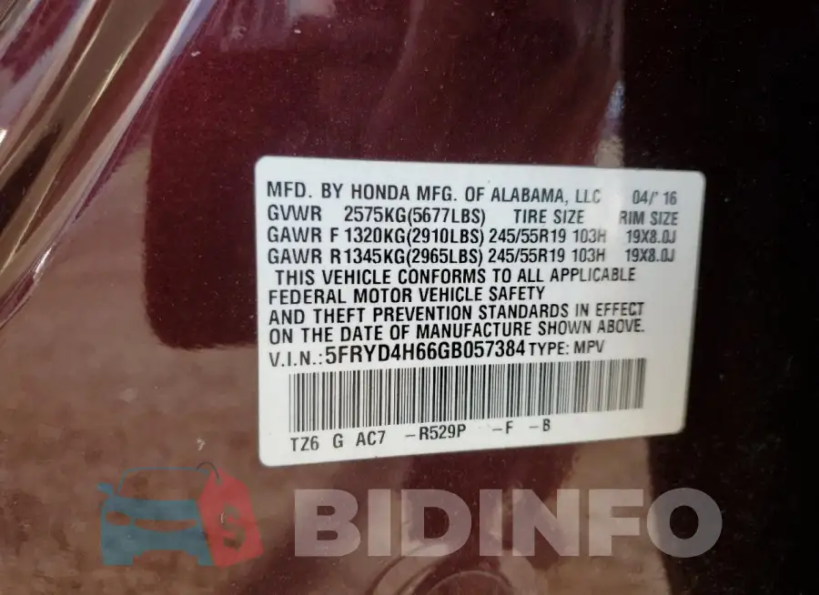 5FRYD4H66GB057384 Photo# 13