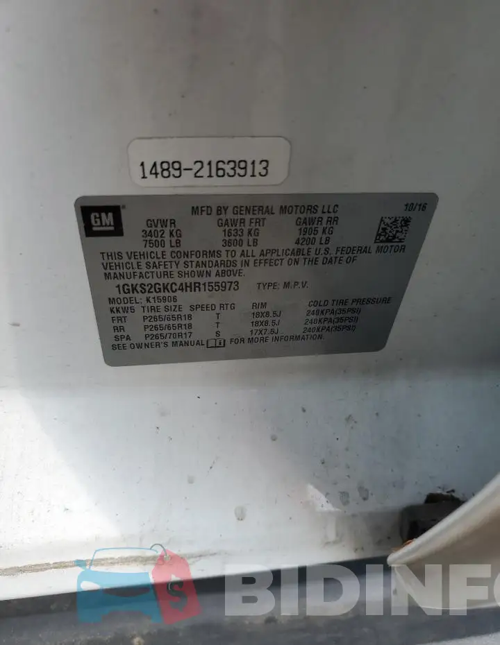 1GKS2GKC4HR155973 Photo# 13