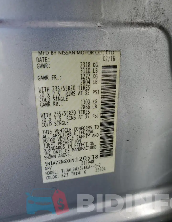 5N1AZ2MGXGN120538 Photo# 13