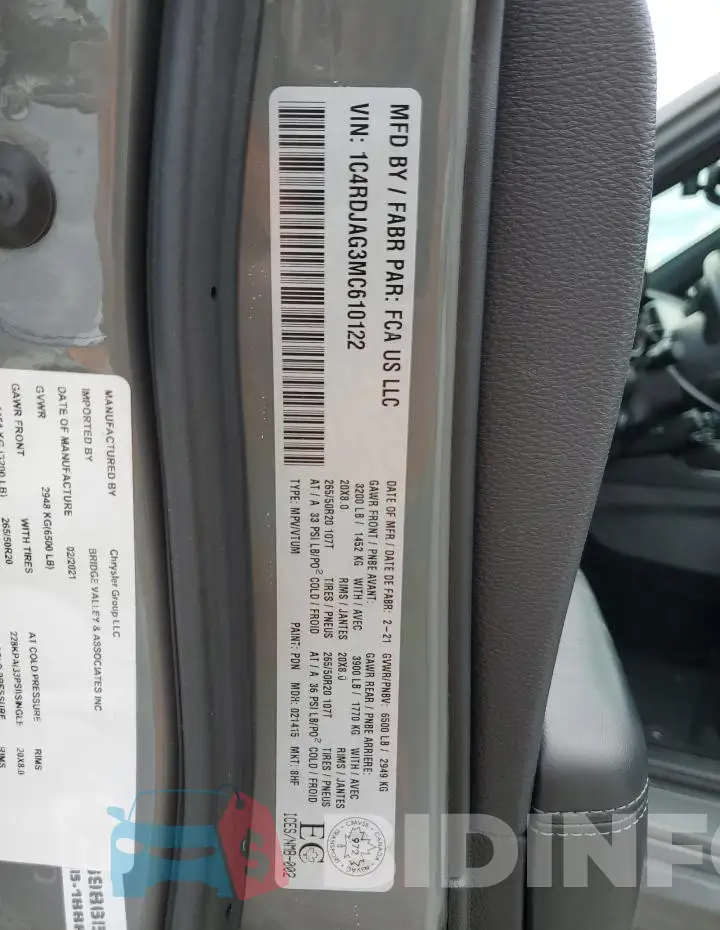 1C4RDJAG3MC610122 Photo# 13