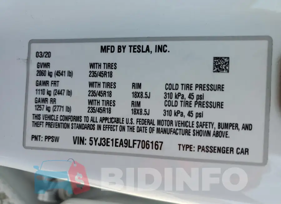 5YJ3E1EA9LF706167 Photo# 12