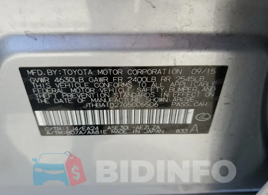 JTHBA1D27G5005506 Photo# 12