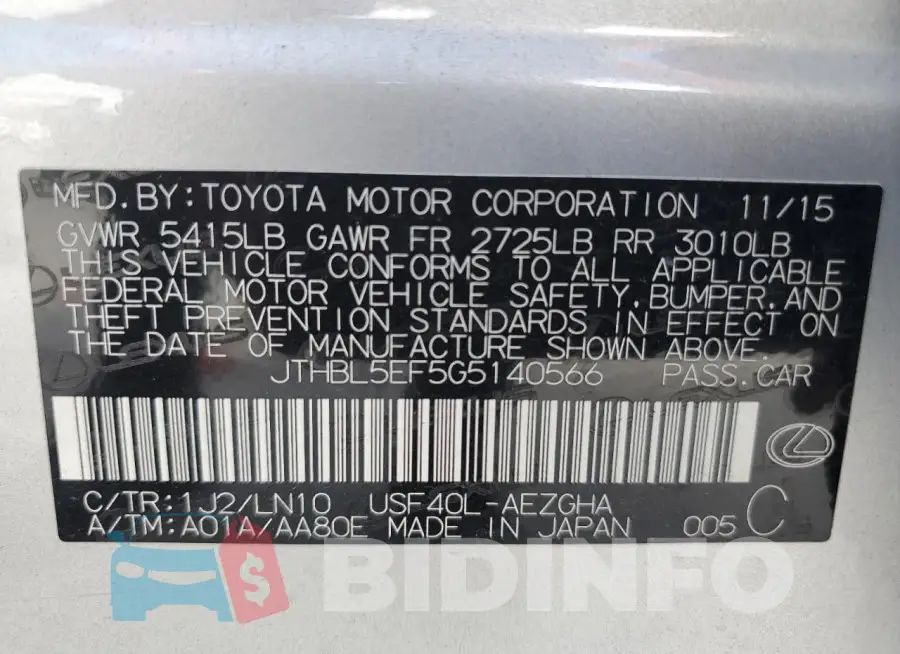 JTHBL5EF5G5140566 Photo# 12