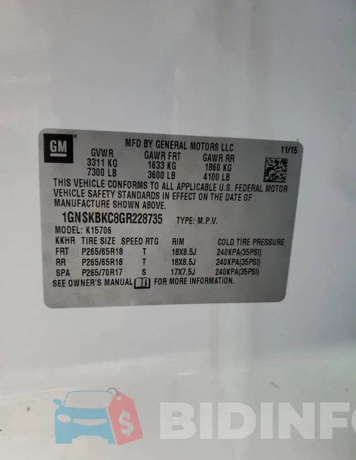 1GNSKBKC8GR228735 Photo# 13