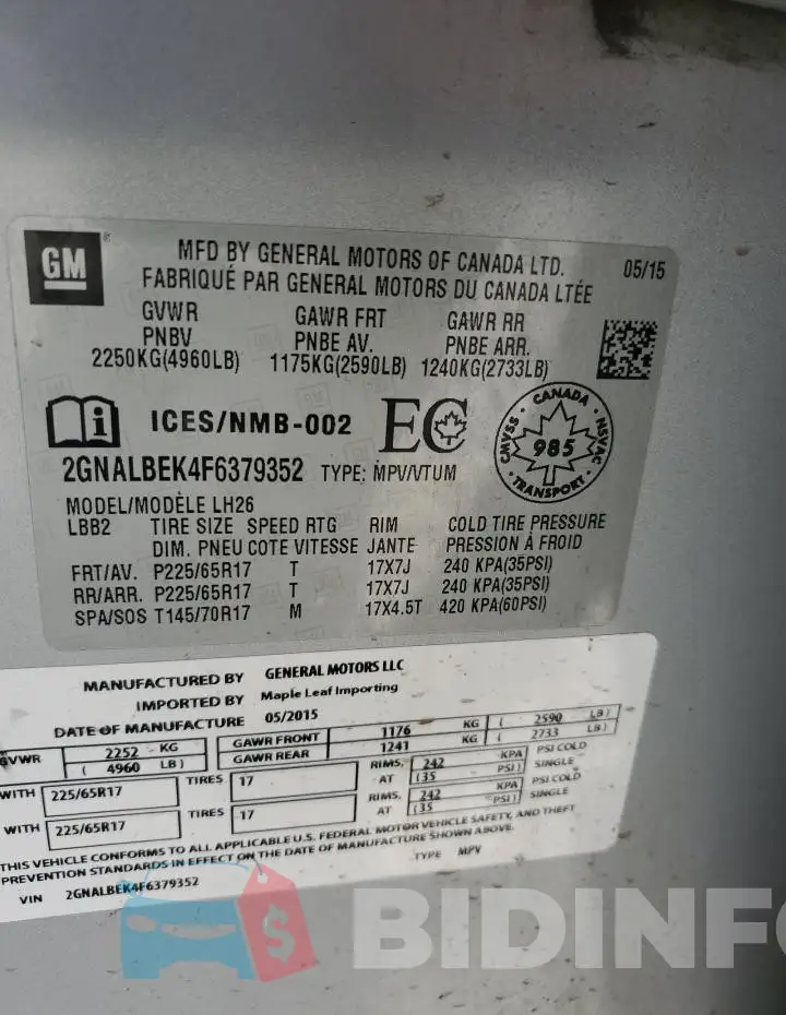 2GNALBEK4F6379352 Photo# 13