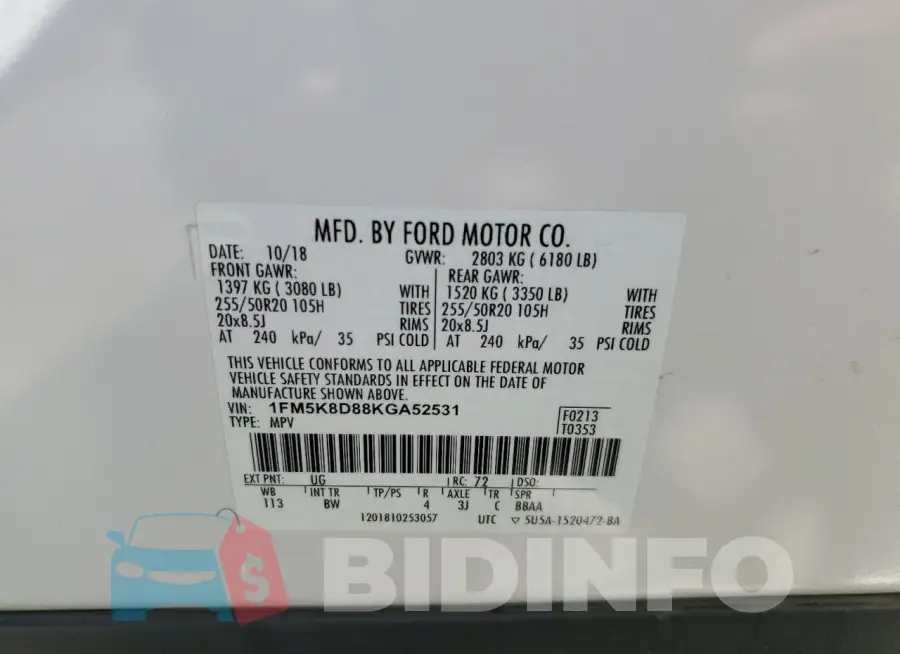 1FM5K8D88KGA52531 Photo# 14