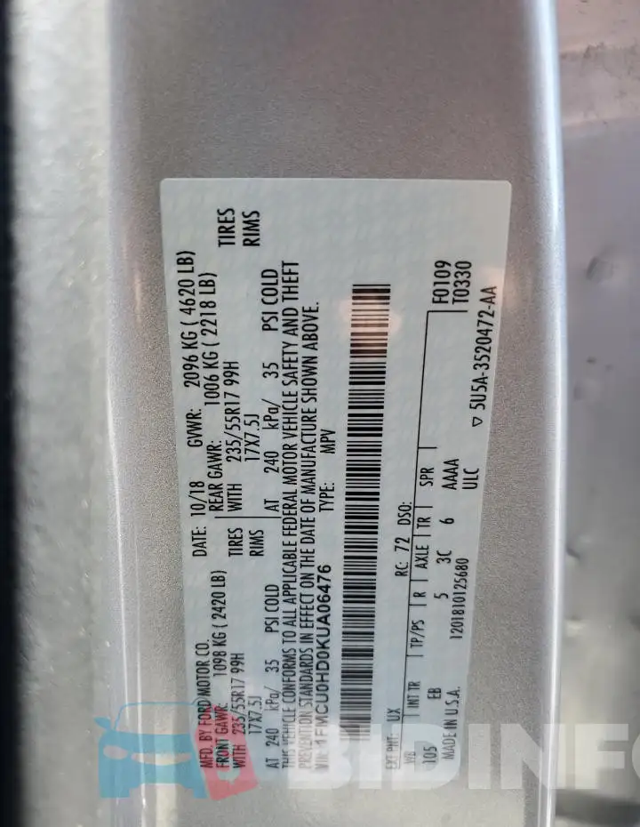 1FMCU0HD0KUA06476 Photo# 13