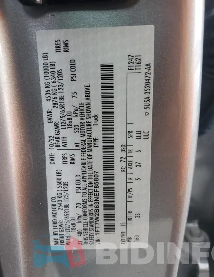 1FT7W2B63NEF85807 Photo# 12