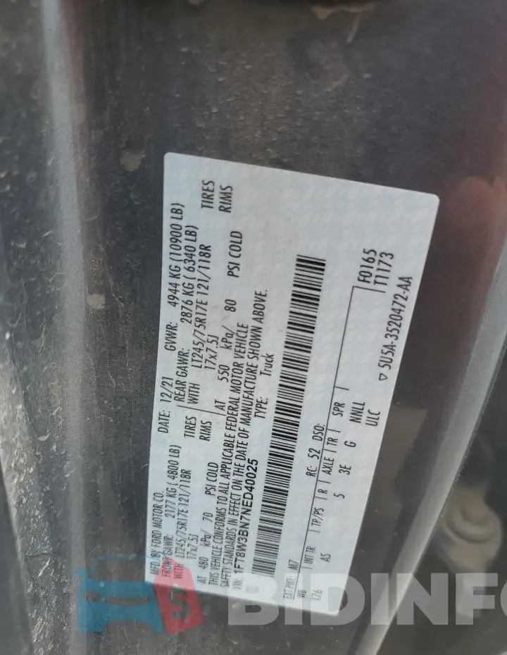 1FT8W3BN7NED40025 Photo# 12