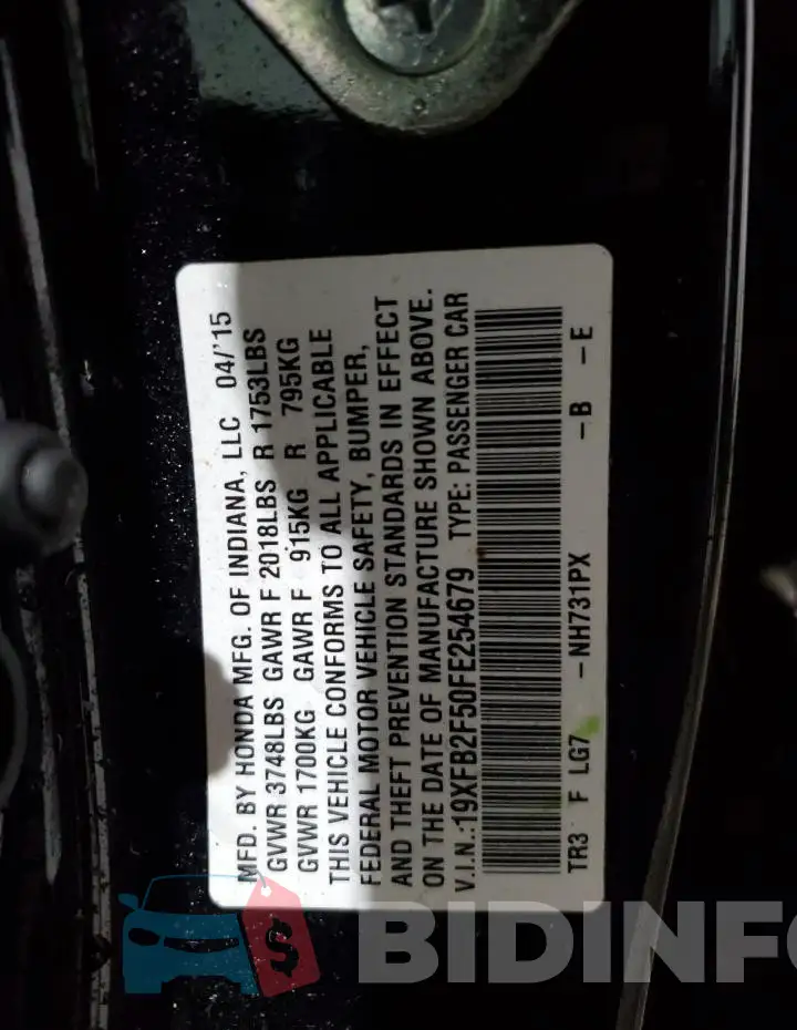 19XFB2F50FE254679 Photo# 13