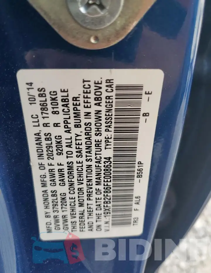 19XFB2F86FE008634 Photo# 12