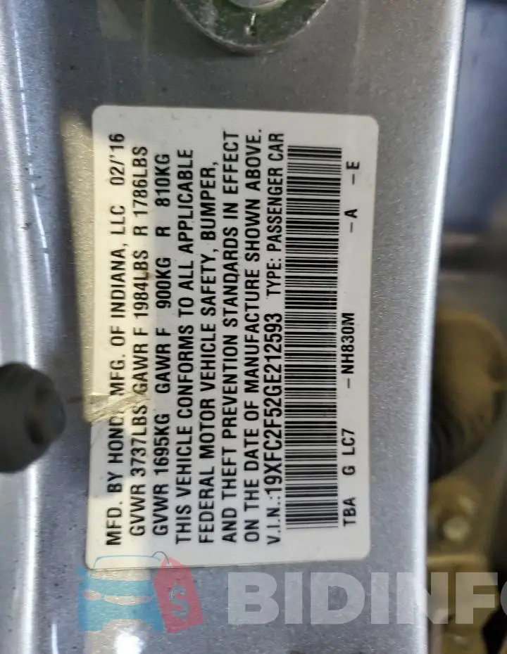 19XFC2F52GE212593 Photo# 12